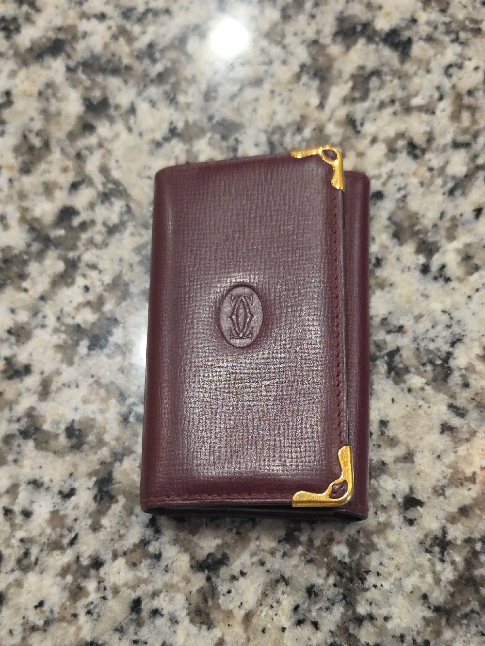 Cartier Burgundy Leather Key & Card Holder with Gold Corner Accents Like New